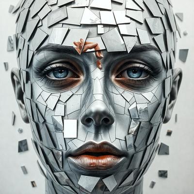 The primary subject of the image is a close-up of a person's face, which is made up of various shards of glass. The face is surrounded by a white background, giving the image a surreal and artistic appearance. The visual style is a combination of digital art and illustration, as the face is created using multiple pieces of glass. The colors and mood of the image are predominantly dark and moody, with the glass shards adding a sense of unease and tension to the scene.